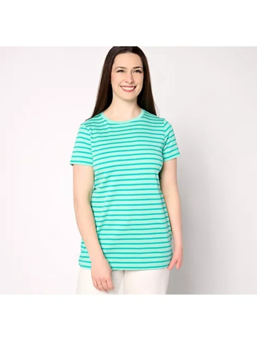 Isaac Mizrahi Women Top 1X Essentials Pima Cotton Yarn-Dye Stripe Aqua A646519